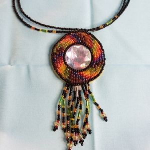 Native American rainbow beaded cabochon necklace